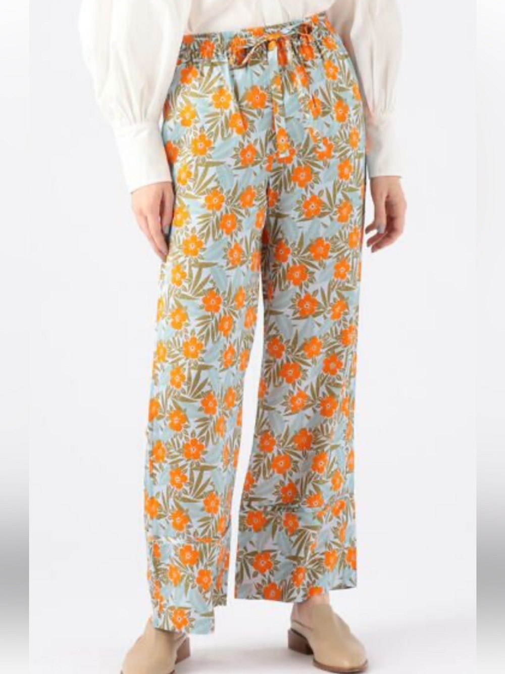 LEE MATHEWS 100% Silk Floral Wide-Leg Pants Orange Blue Olive Green Drawstring 0